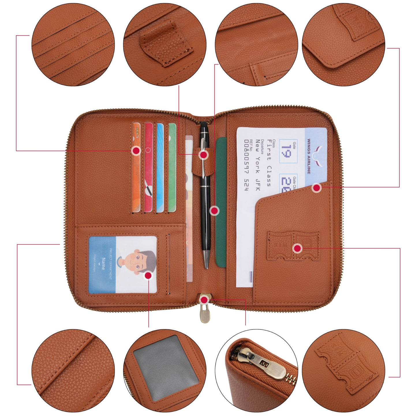 WASON Leather Zipper Travel Passport Wallet Holder RFID Blocking Cover, Passport case Pocket Slot for Card, Cash, ID, Boarding Pass and Ticket for Men, Women and Family Trips (Brown)