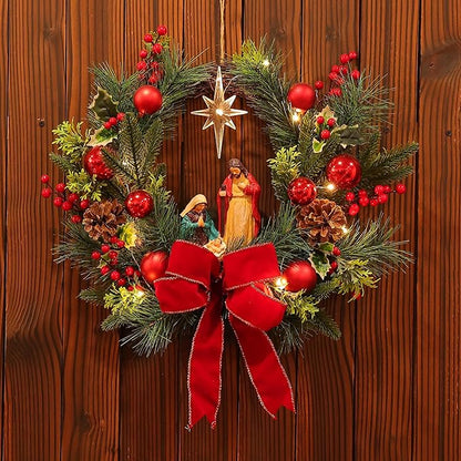 Moonet 19" Christmas Wreath with LED Lights Jesus Nativity Scene Garland for Home Hanging Ornament, Holiday Wreath with Lights for Front Door, Window, Fireplace