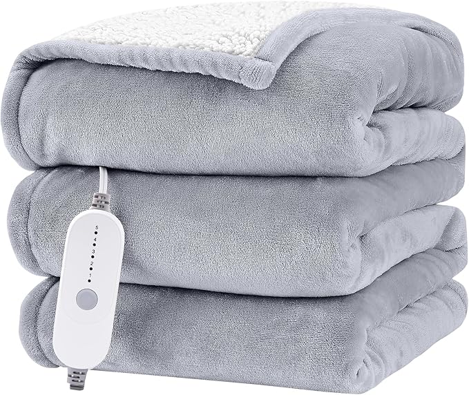 HYLEORY Heated Electric Blanket Full 72"x84" Soft Fleece & Flannel with 5 Heating Levels & 10 Hours Timer Auto Shutt Off, ETL Certified, Washable，Heated Blanket for Body-Light Grey