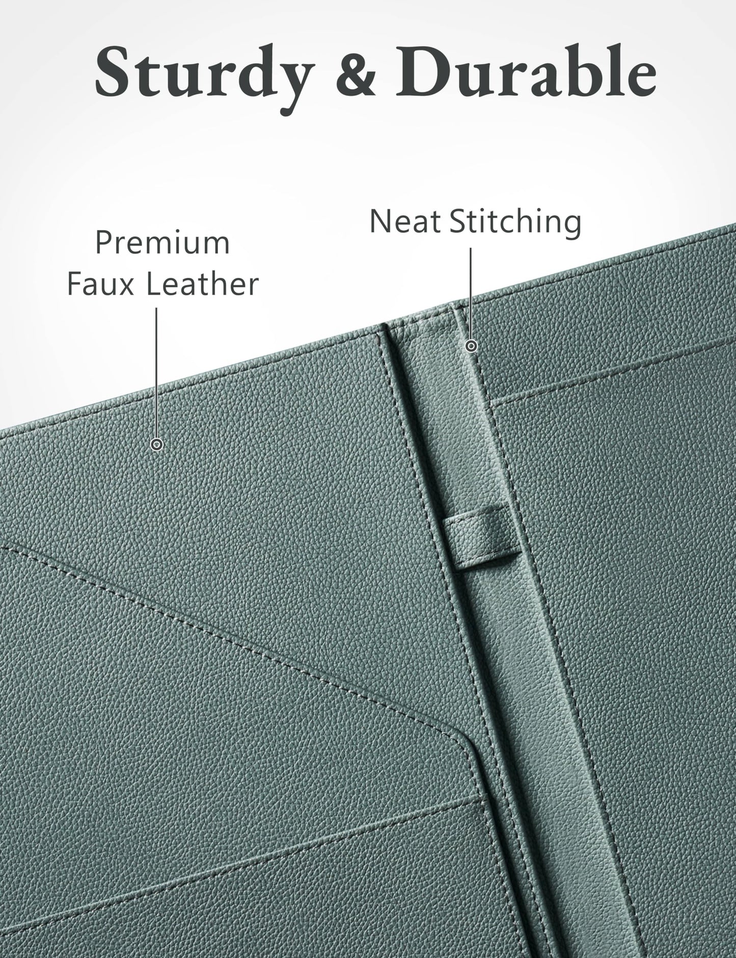 Mymazn Padfolio Portfolio Folder, Faux Leather Interview Resume Folder with Document Organizer & Business Card Holder, Letter-Sized Notepad Legal Pad Holder for Men Women (Grey Green)