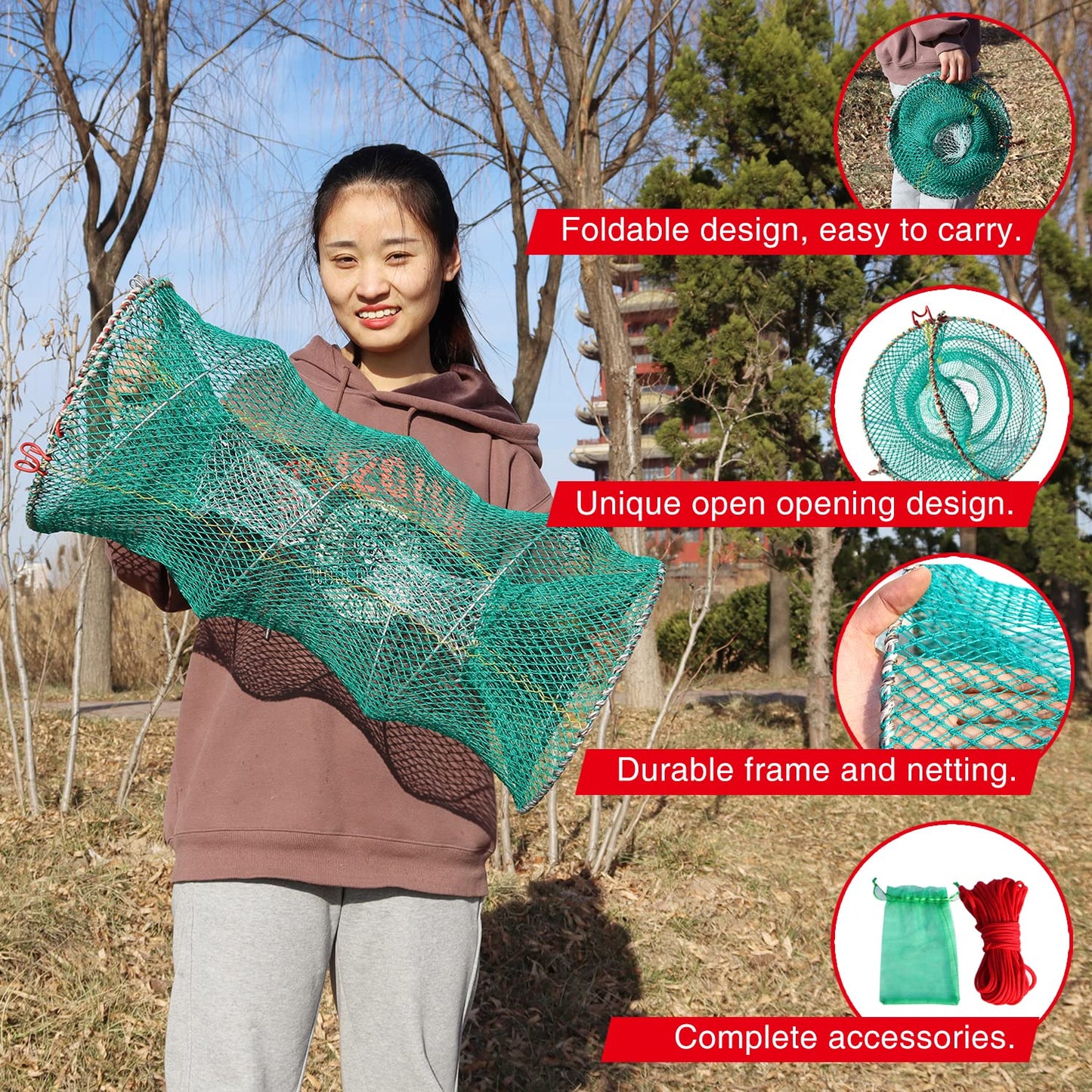 BasicGear Crab Trap Bait Lobster Crawfish Shrimp Portable Folded Cast Net Collapsible Fishing Traps Nets Fishing Accessories 30 * 60cm （11.8in*23.6in
