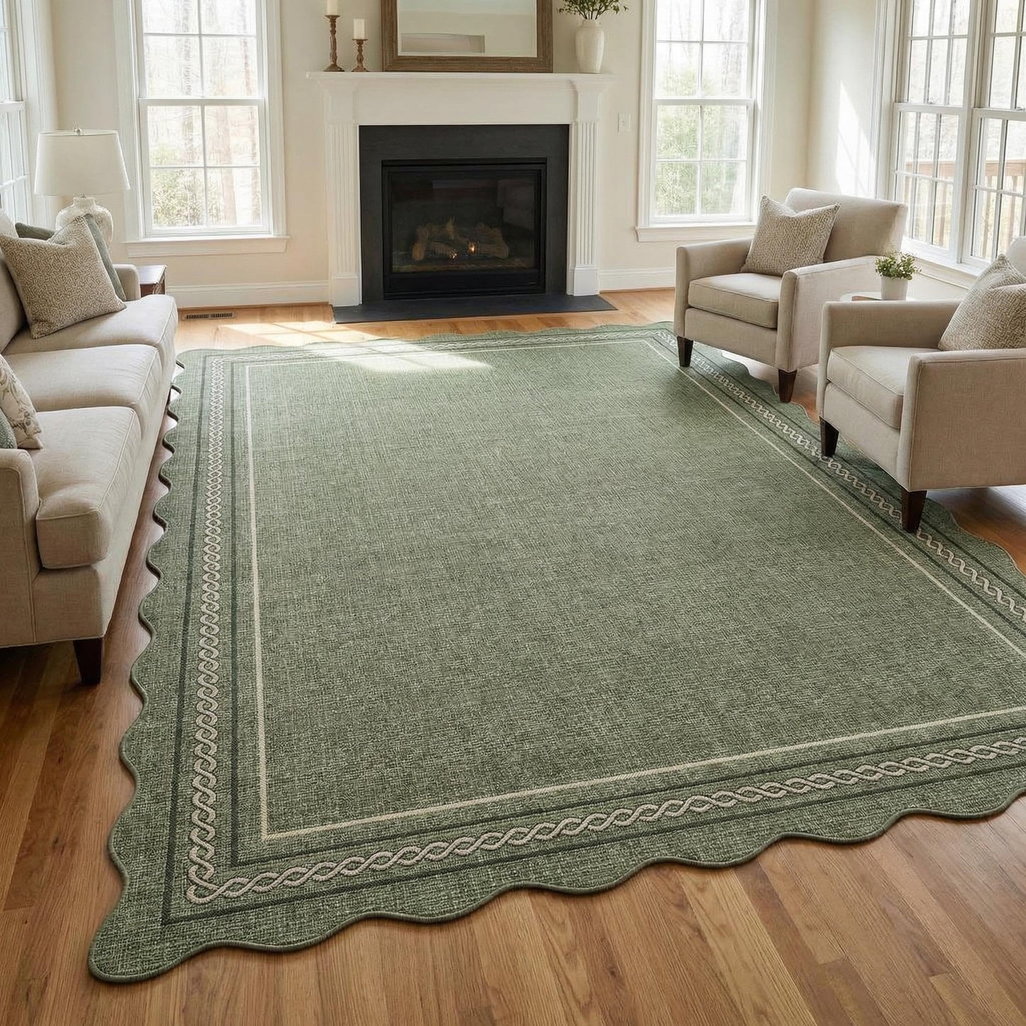 MilleLoom Large Area Rug 9x12 Scalloped Rug Machine Washable Non Slip Carpet Farmhouse Non-Shedding Neutral Floor Mat Indoor Soft Low Pile Foldable Rugs for Living Room Bedroom Dining Room Dorm Green