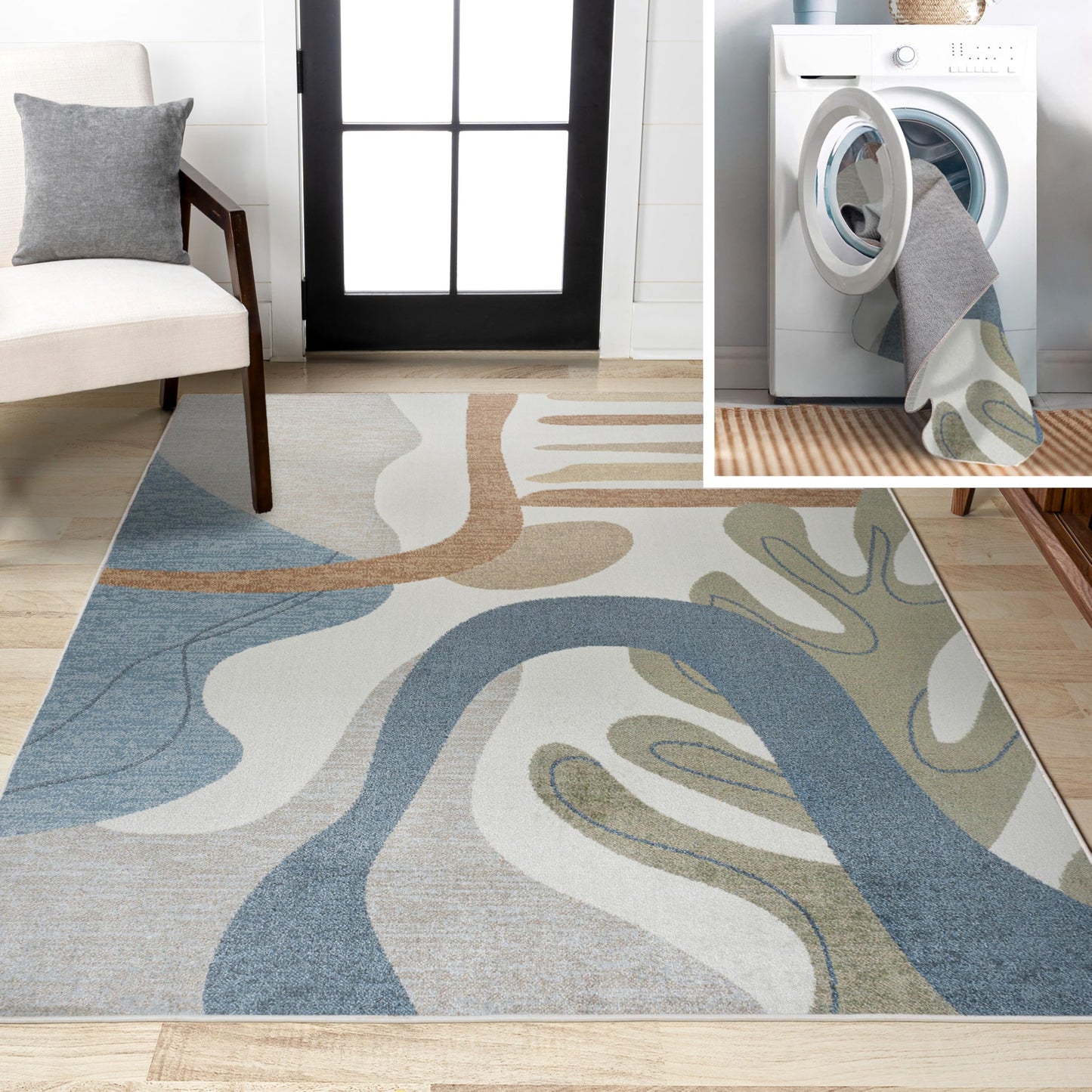 JONATHAN Y Machine Washable Cream/Multi Indoor Area Rug 8X10 ft, Algae Abstract Glam Botanical for Living Room, Bedroom, Kitchen, Office, Easy-Cleaning, Pet-Friendly, Non-Shedding WSH301A-8
