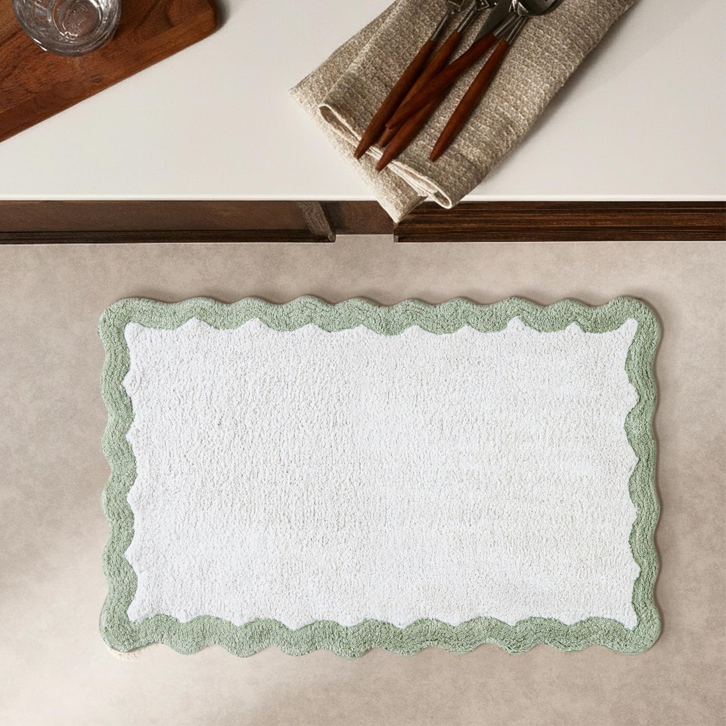 Cotton Scalloped Bathmat with Antiskid 20"x32" SAGE Green – 100% Cotton Scalloped Bath Mat, Anti Skid, Soft & Absorbent Bathroom Rug for Shower, Tub & Entryway