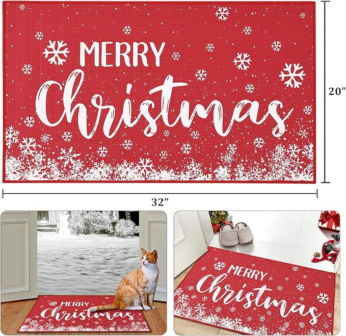 CAROMIO Christmas Doormat 20 x 32 Inch Xmas Holiday Decorative Christmas Snowflake Welcome Mat for Home Decoration Non Slip Door Mat Outdoor Indoor Entrance Floor Mat, Red