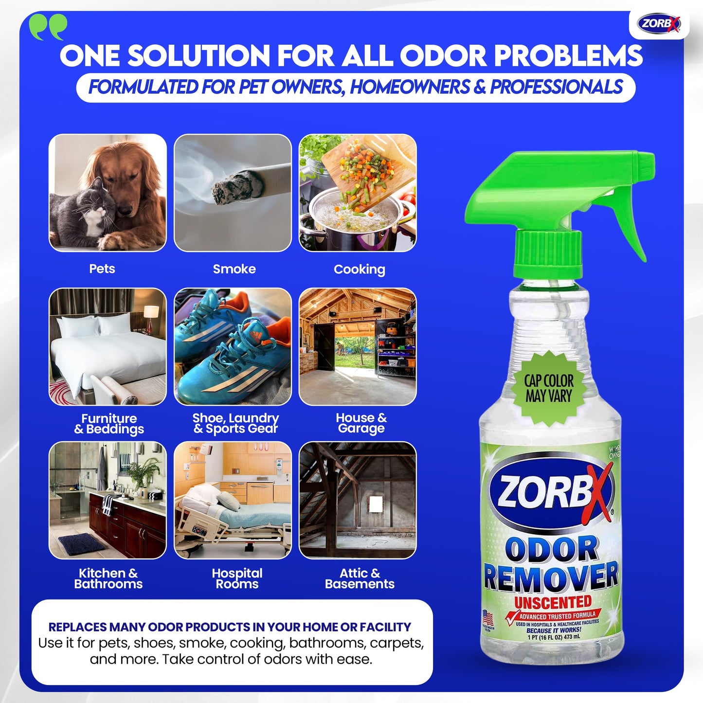 ZORBX Unscented Odor Eliminator for Strong Odor 16 Fl Oz - Used in Hospitals & Healthcare Facilities - Advanced Trusted Formula, Fast-Acting Odor Remover Spray for Dog, Cat, House & Carpet