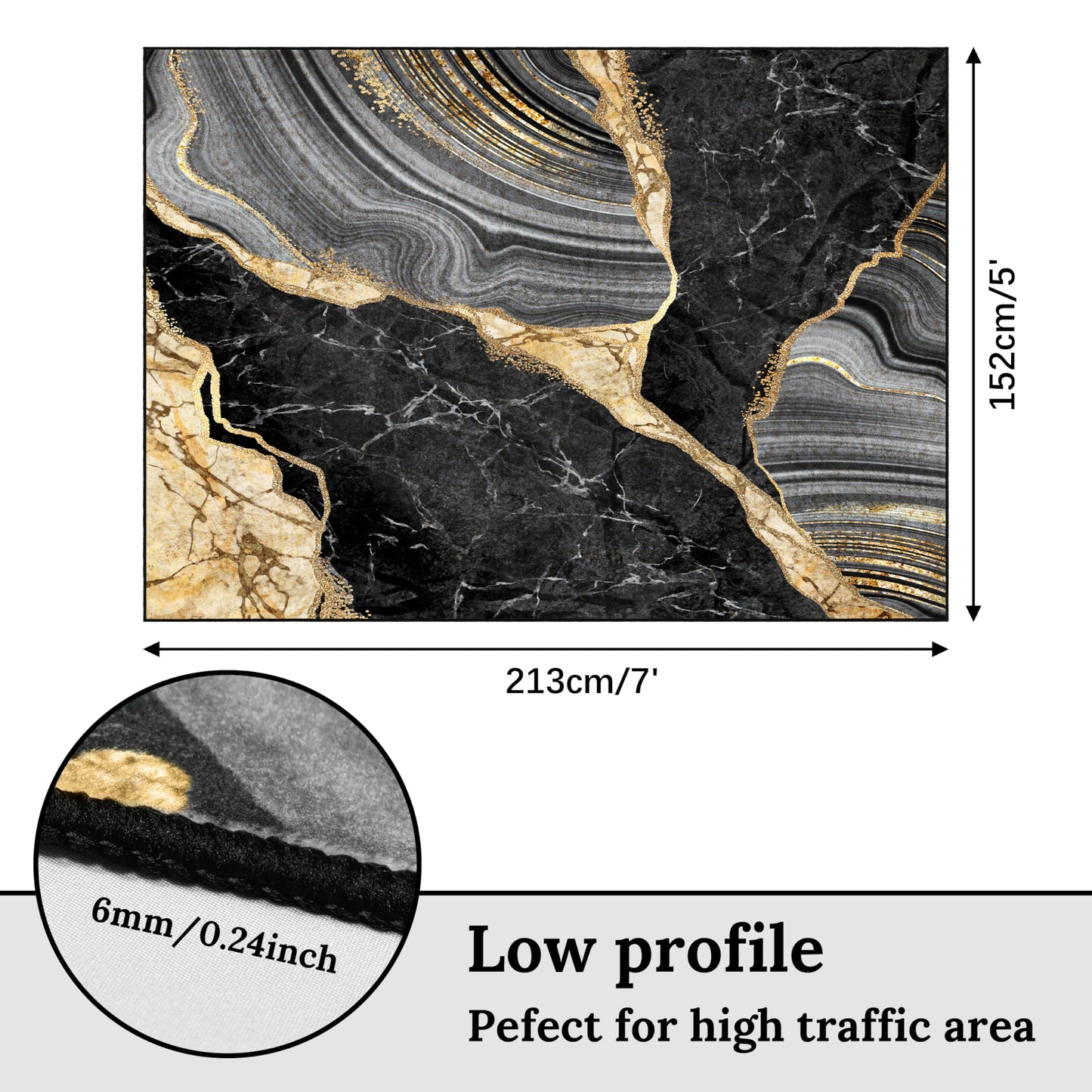Black and Gold Area Rug 5x7 ft for Living Room Abstract Marble Large Non Slip Washable Rugs Ultra-Soft Low Pile Indoor Floor Mat Carpet for Bedrooms Playroom Office Kitchen (Black Gold, 5'x7')