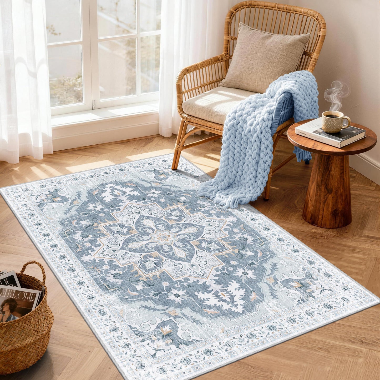 TTelephant 3x5 Washable Rug, Vintage Medallion Small Carpet for Living Room and Bedroom, Low Pile Indoor Entryway Rug with Non-Slip Silicone Backing, Non-Shedding, Blue/Gray
