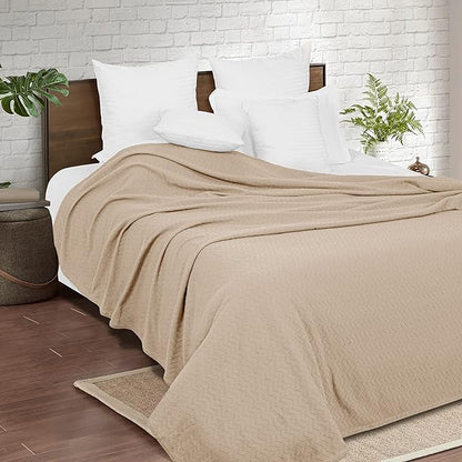 BELIZZI HOME 100% Cotton Bed Blanket, Breathable Thermal Blanket Full - Queen Size, Soft Chevron 90''x90'', Perfect for Layering Any All Season, Beige, Biege, (90''x90'')