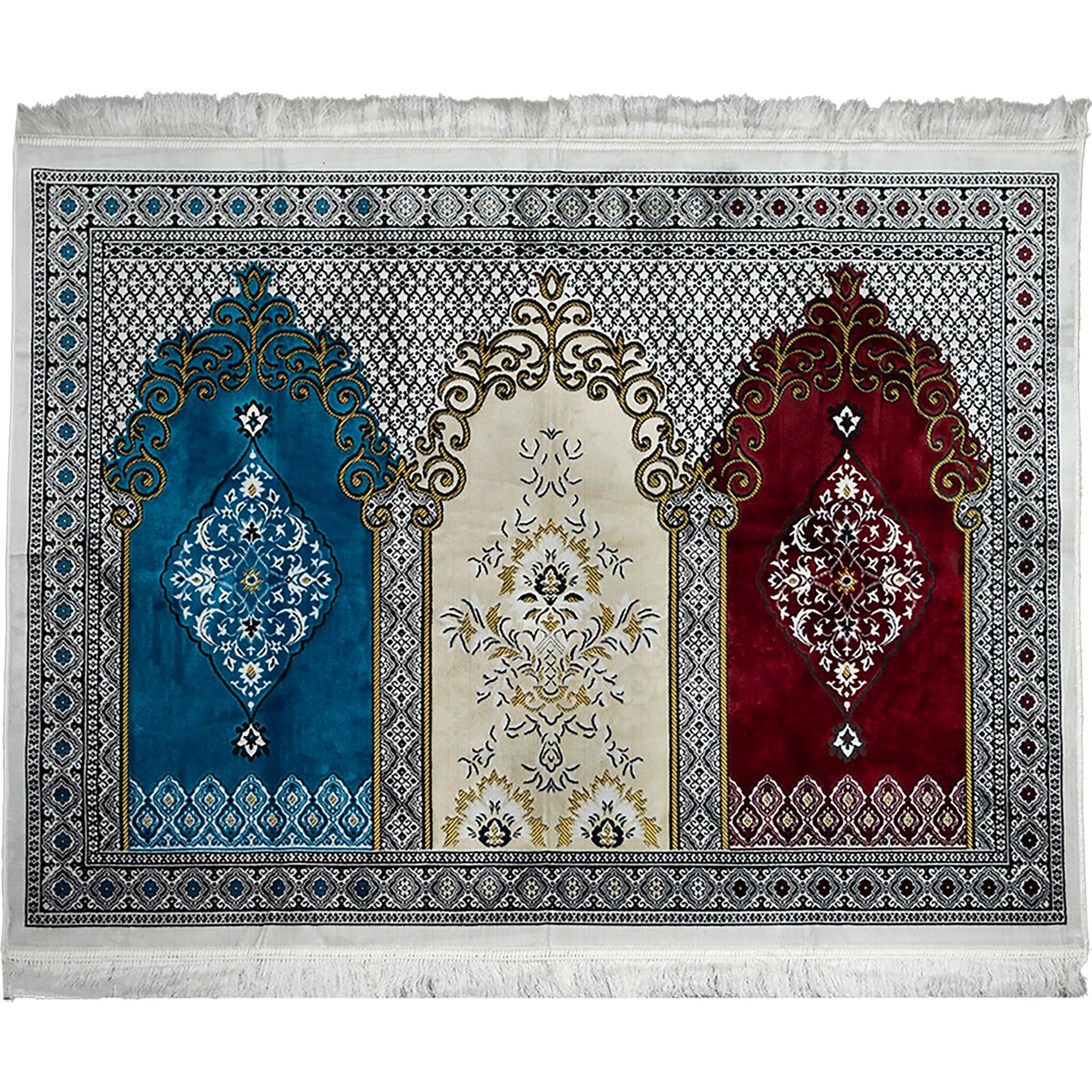 Modefa Turkish Islamic Prayer Rug - Wide Plush Velvet Mat - Multi Person Muslim Janamaz for Family - Large Gathering & Group Sajada Carpet - Floral Arch - 3 Person (17-11)