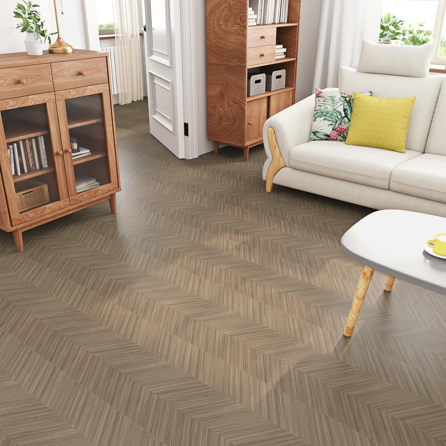 Livelynine 15.8x394 Inch Herringbone Wood Floor Contact Paper Peel and Stick Flooring Waterproof Light Wood Vinyl Roll Self Adhesive Vinyl Wrap Kitchen Stick on Linoleum Flooring Roll Laminate Sheets