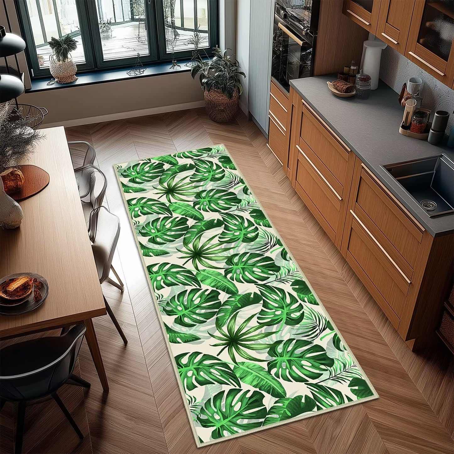 Green Leaf Runner Rug 2x6 for Hallways,Botanical Print Floor Carpet Washable Kitchen Runners Plant Leave Print Hallway Rugs Green Entrance Door Mat Non Slip Floor Area Rugs for Bedroom,Bedside