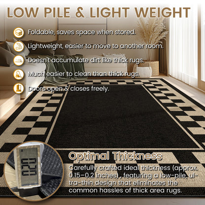 JROSING Washable Checkered Easy Jute Rug 5x7, Black Checkerboard Geometric Modern Outdoor Indoor Patio Large Bordered Rug, Woven Thin Carpet for Living Dining Play Room Bedroom Classroom Kids Nursery