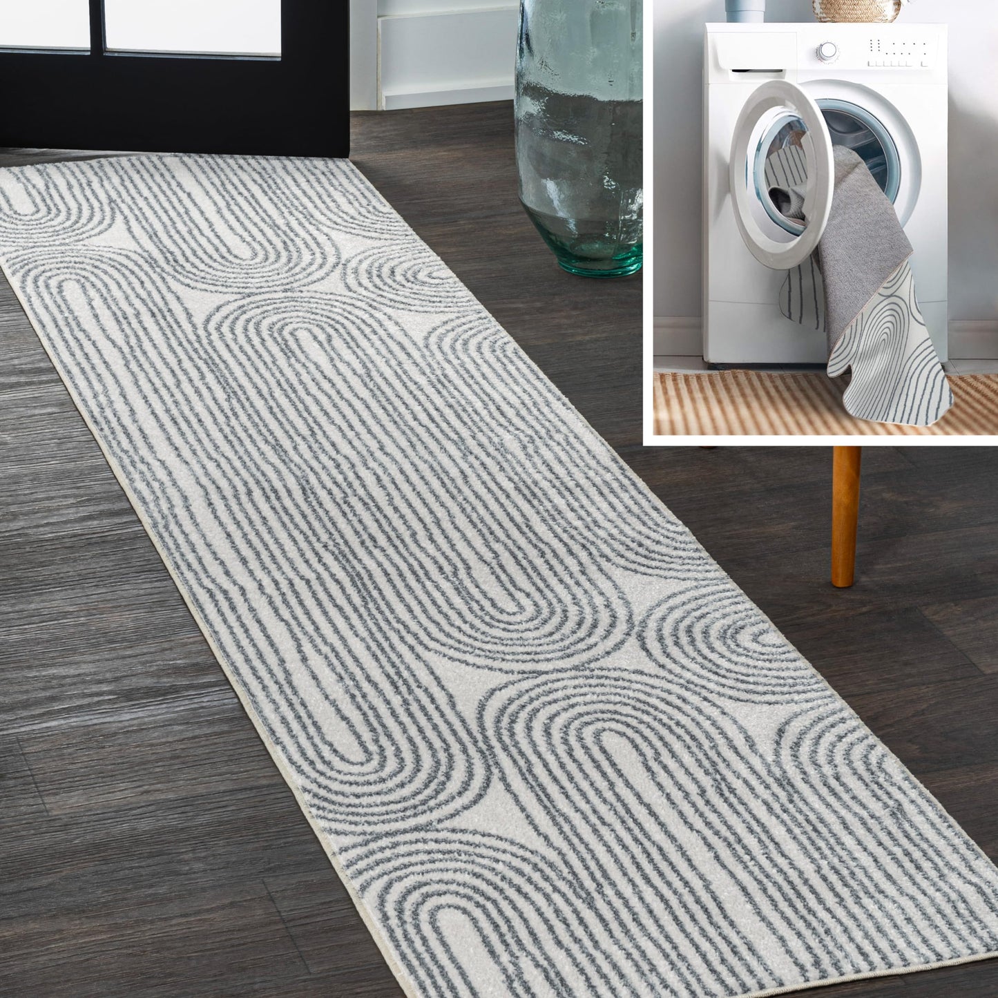 JONATHAN Y Machine Washable Cream/Dark Gray Runner Rug 2X8 ft, Doodle Contemporary Glam Geometric for Living Room, Bedroom, Kitchen, Office, Easy-Cleaning, Pet-Friendly, Non-Shedding WSH310A-28