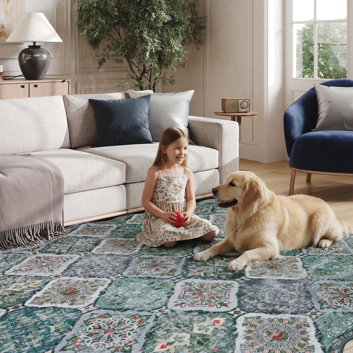 Clemile Moroccan 5x7 Area Rug, Unique Scalloped Ultra-Thin Soft Washable Rug, Non-Slip Stain Resistant Lightweight Low-Pile Carpet for Living Room Bedroom Dining Room Office (Green)