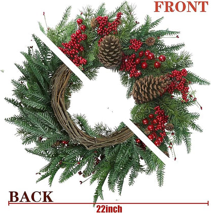 22’’ Artificial Christmas Wreath Norfolk Pine Wreath for Front Door with Pine Needles Red Berries Big Pinecones Christmas Decorations for Winter Farmhouse Wall Indoor Outdoor Home Holiday Xmas Decor