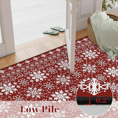 3' X 5' Christmas Rugs Red Snowflake Area Rug Indoor Washable for Entryway Dorm Laundry Bedroom Living Room Nursery Xmas Doormat for Kids Women Holiday Decor Mat Vintage