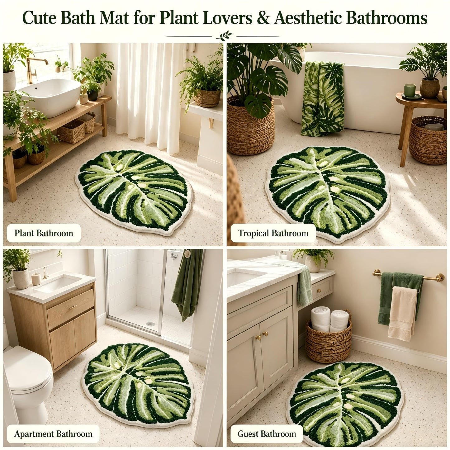 Softania Monstera Bath Mat, Green Leaf Bathroom Rug, Soft Non Slip Washable Plant Bath Mat for Tropical Green Boho Bathroom Decor (21" x 26")
