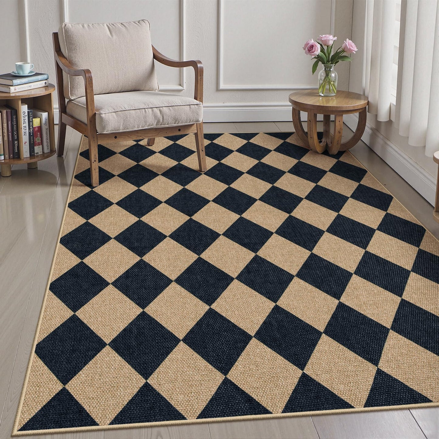 Lanffia Checkered Easy Jute 5x7 Outdoor Rug, Black Washable Rugs 5x7 for Living Room Neutral Indoor Outdoor Carpet, Non Slip Stain Resistant Checkerboard Rug for Backyard Dining Room Classroom