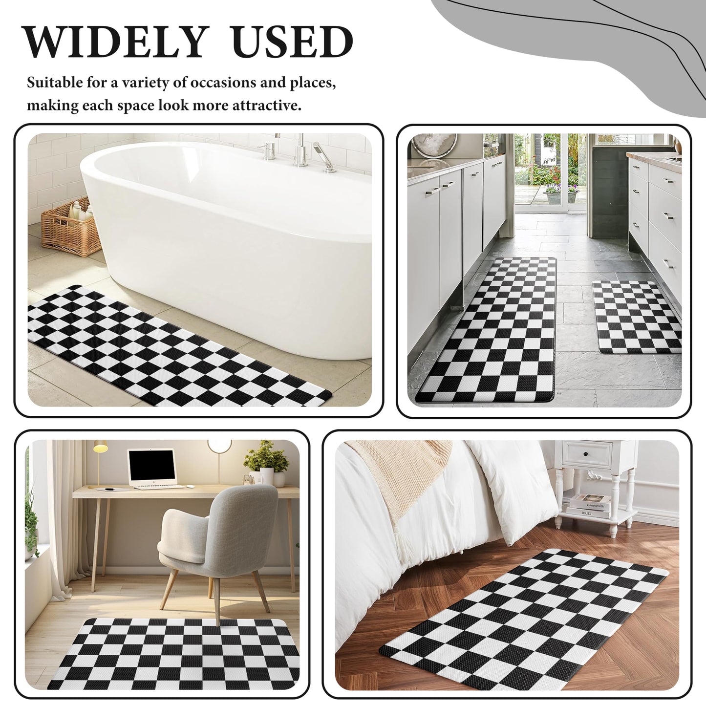 VivaNest Black Checkered Grid Checkerboard Kitchen Rug Sets [2 PCs], Anti-Fatigue, Waterproof Non-Slip Kitchen Mats Heavy Duty Ergonomic Comfort Foam Rug for Floor, Home, Laundry,17"x29"+17"x47"