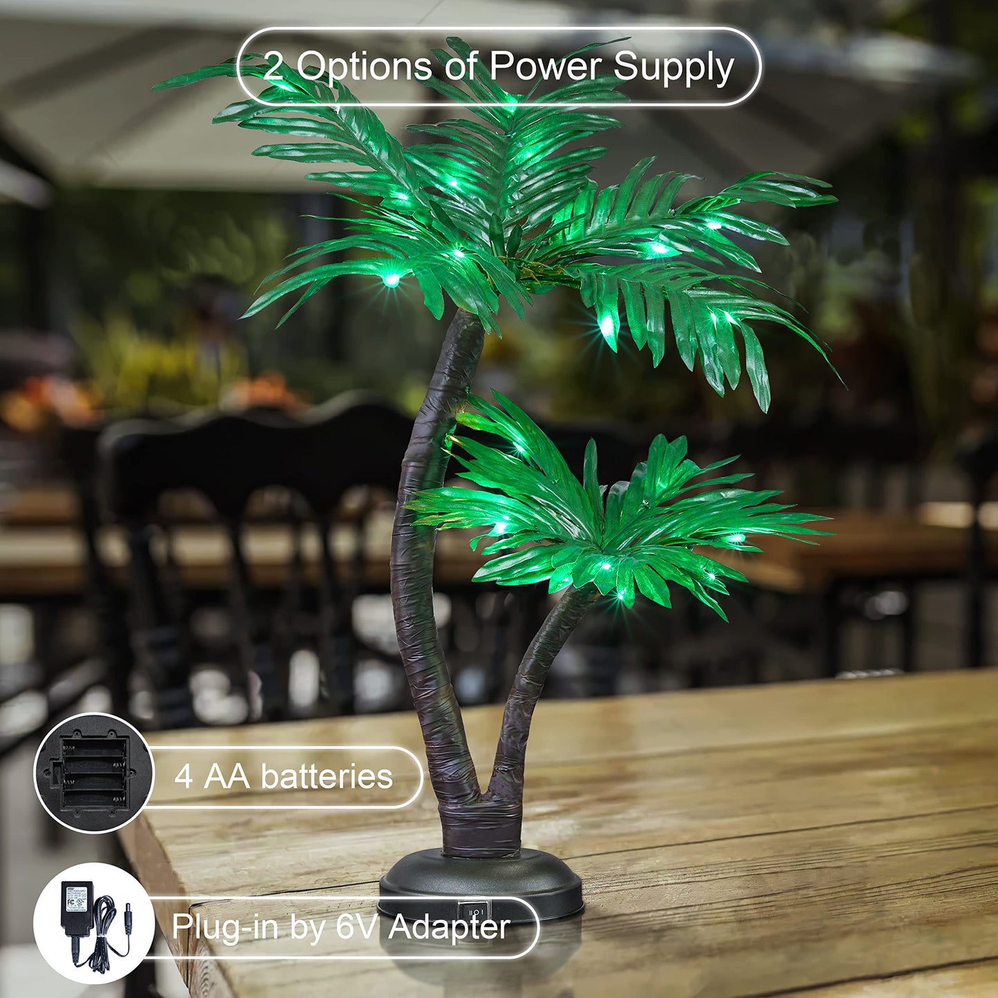 LIGHTSHARE 24Inch Twins Palm Tree Bonsai 25LED Lights,Green Light,Battery Powered or Plug-in Adapter (Included), Built-in Timer