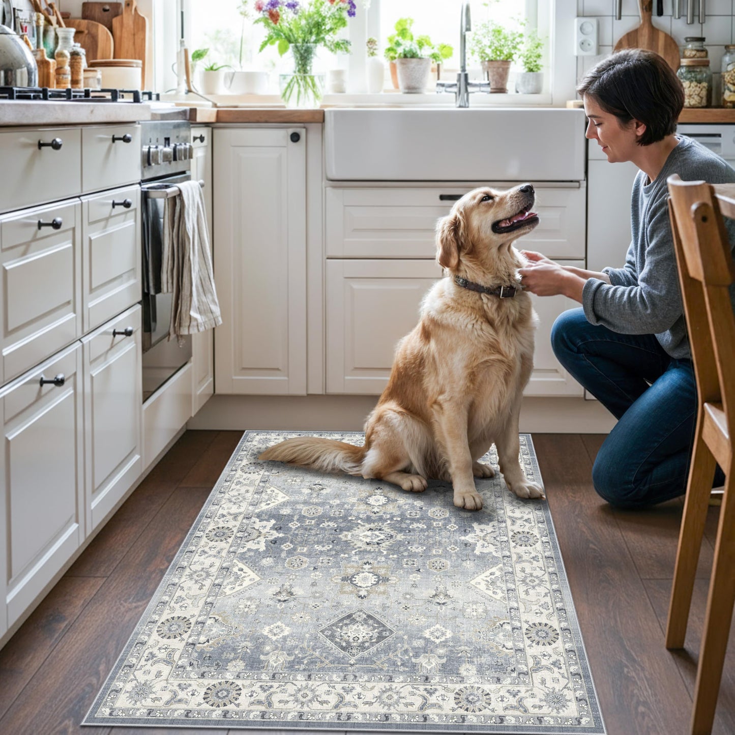 Washable Hallway 3x4 Floor Mats: Farmhouse Non-Slip Kitchen Sink Area Rug Water-Resistant Small Carpet for Living Room Bathroom Thin Soft Doormat Easy-Clean Decorative Rug for Pets Family(3x4,Grey)