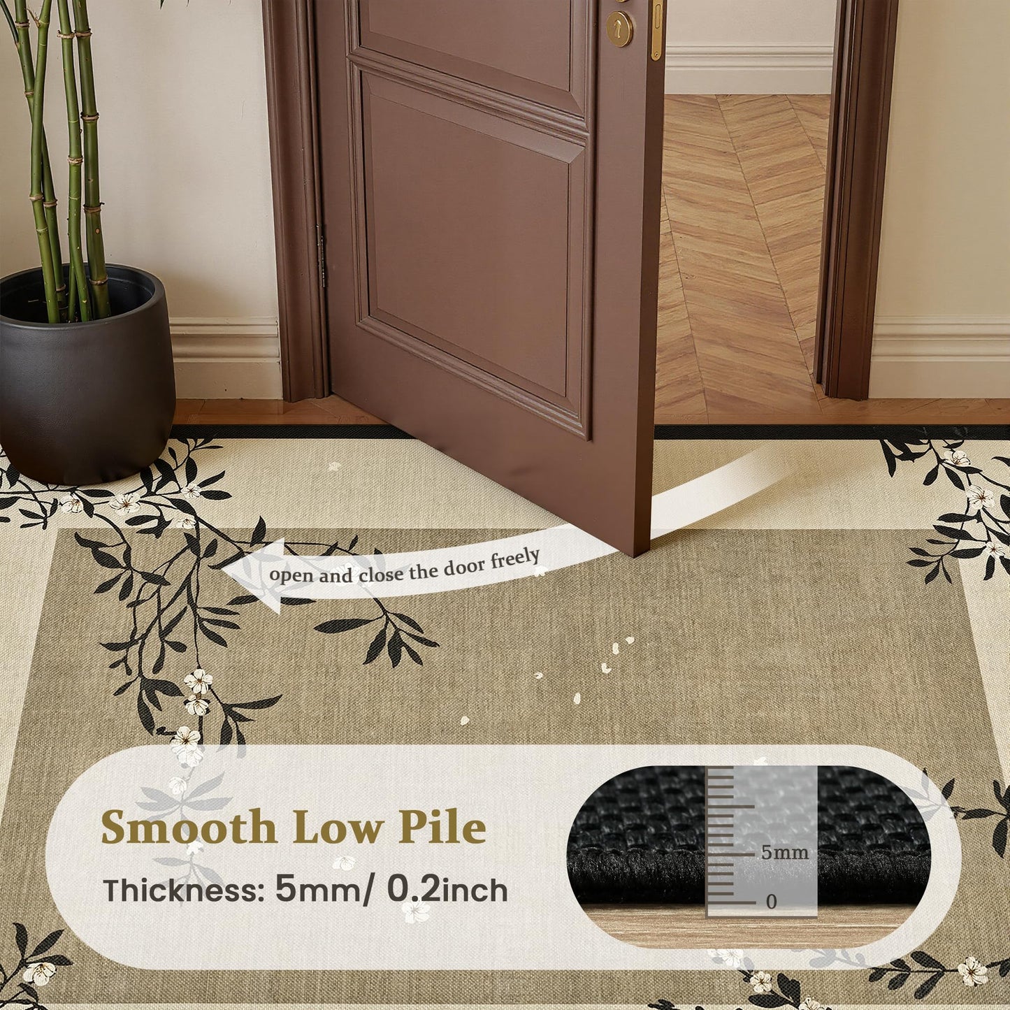 FALARK Easy Jute 4x6 Outdoor Patio Rug, Washable Rugs for Entryway Indoor Living Room Carpet, Oriental Brown Cherry Blossom Branch Neutral Non Slip Thin Door Carpet for Backyard Bedroom Kitchen