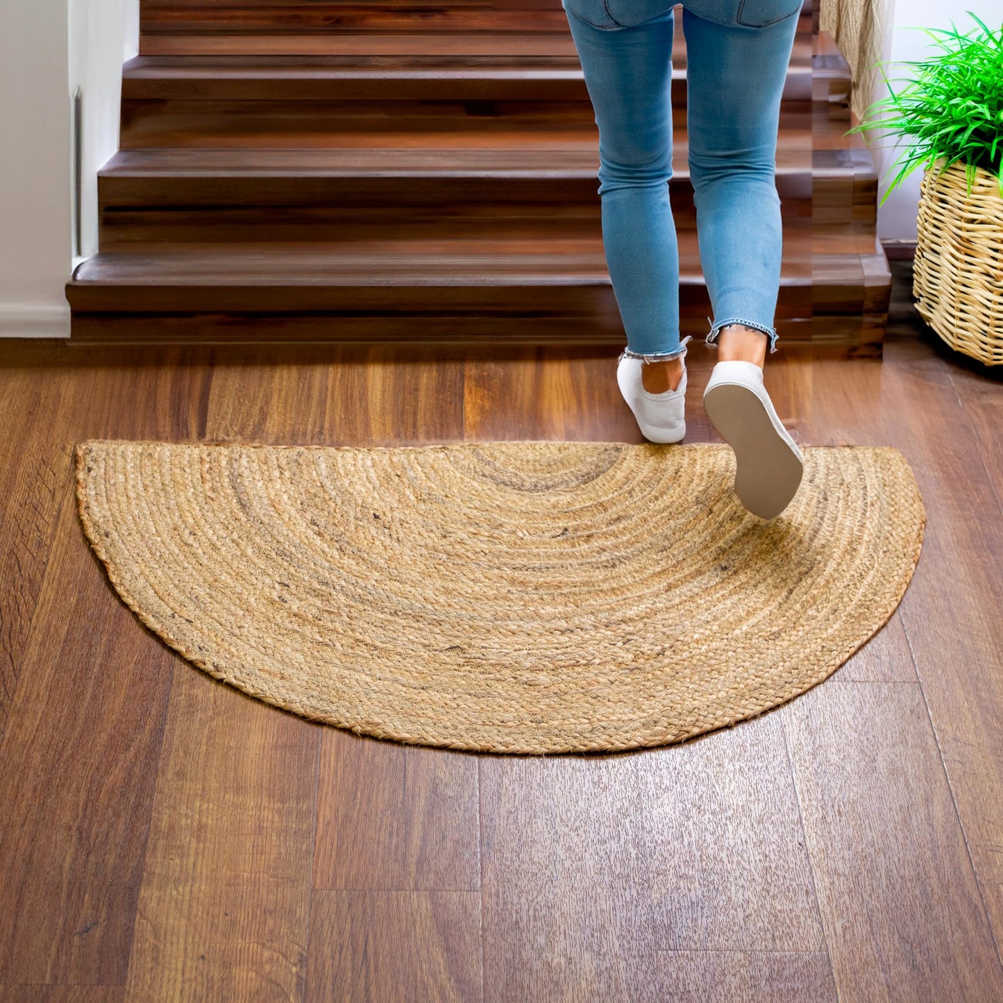 Super Area Rugs Jute Rug - Reversible Natural Fiber Hearth Carpet- Eco Friendly Floor Covering for Kitchen - Doorway Hand Woven, Natural, Half Circle 16" x 33"