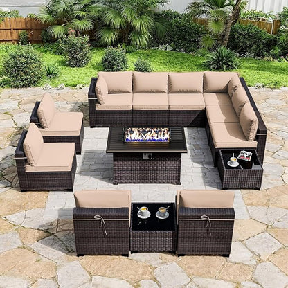 ALAULM 13 Pieces Patio Furniture Set with Fire Pit Table Outdoor Sectional Sofa Sets Outdoor Furniture 43" Gas Fire Pit CSA Approved PE Rattan Patio Conversation Set w/10 Seat Cushions (Sand)