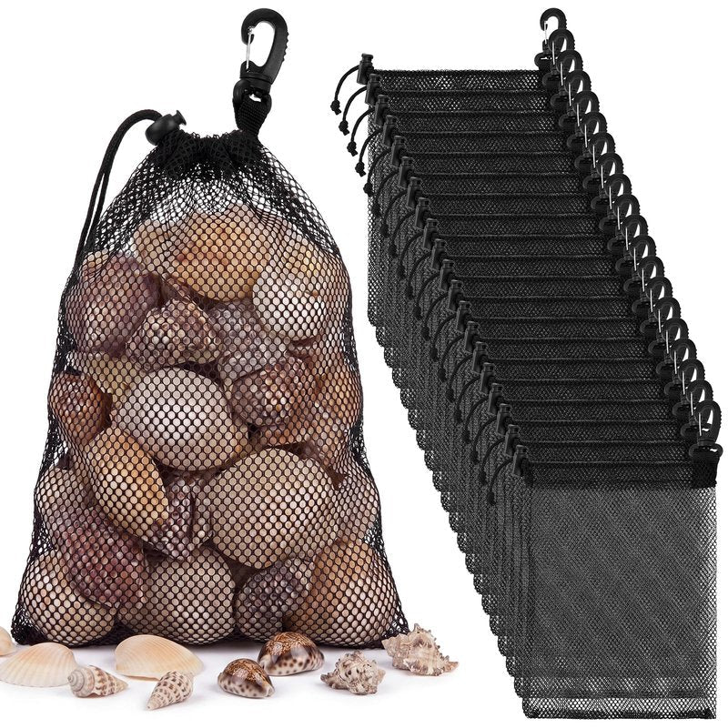 GliCraft 20 Pcs Mesh Drawstring Bag with Clip and Toggle Closure Bulk Black Closure Rock Collecting Bag for Adults Outdoor Mushroom Foraging Hunting Beachcombing Trekking