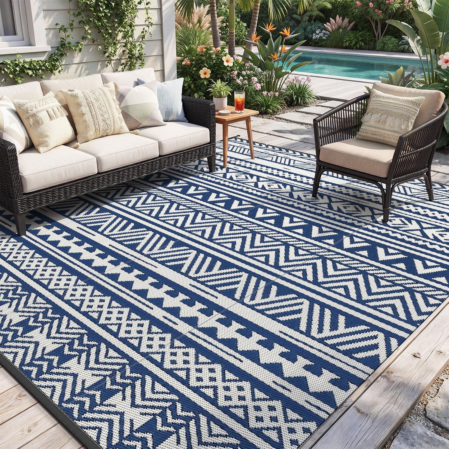 MontVoo Outdoor Rug 8x10 Waterproof Outdoor Patio Rug Mat Reverisble Plastic Straw Outdoor Rug for RV Camping Picnic Beach Balcony Boho Navy Blue