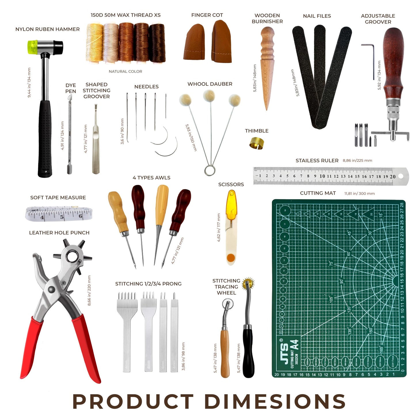 MINUS MUKYS Leather Working Kit Complete Leather Tools Set for Crafts Shoe Repair Kit Belts Includes Hole Puncher for Crafts Sewing Tools Awl Stitching Tool Cutting Mat Ideal for Beginners