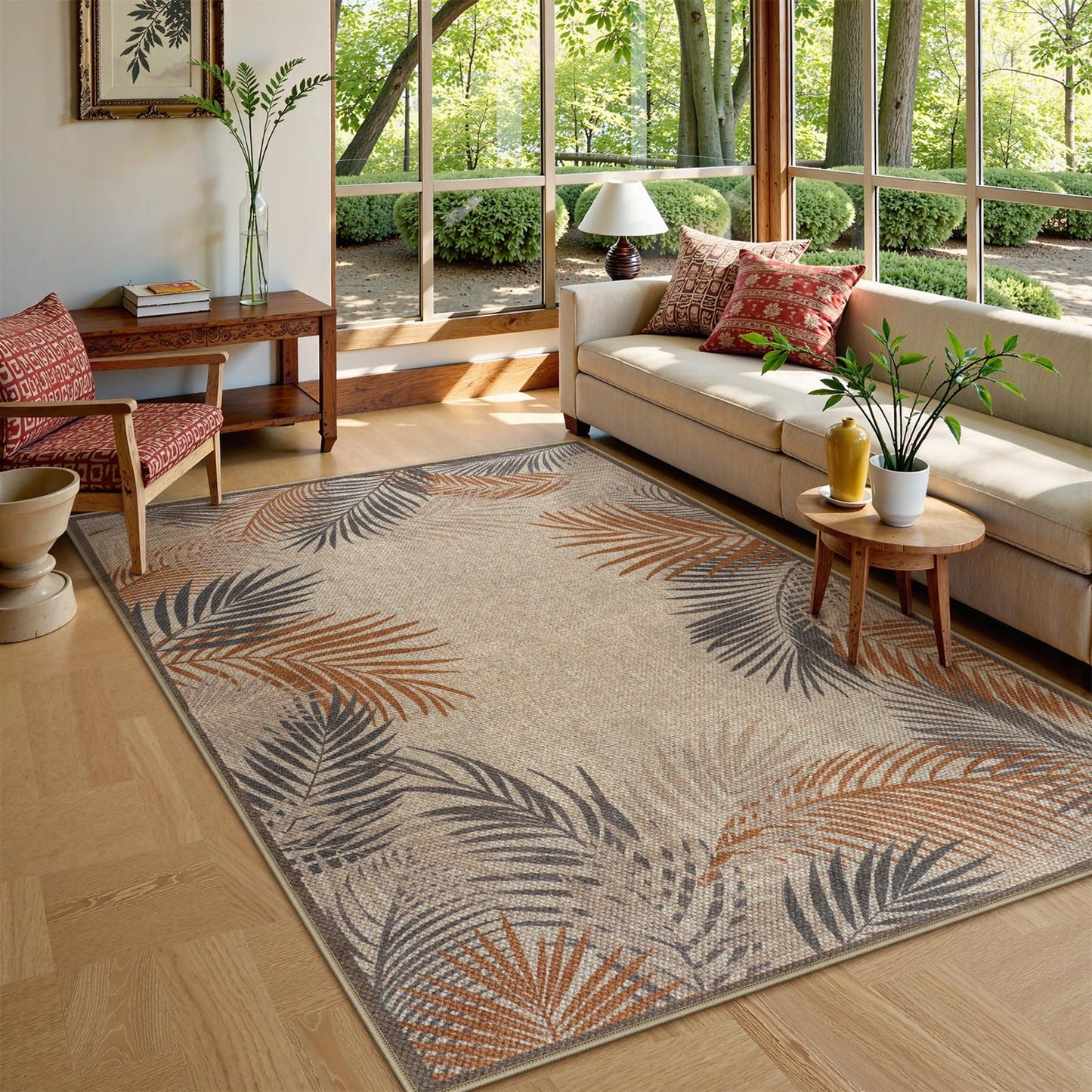 LIVEBOX Modern Easy Jute 5x7 Outdoor Rug, Washable Area Rugs for Living Room Patio Tropical Leaf Indoor Outdoor Rug, Boho Farmhouse Non Slip Carpet for Backyard Foyer Dining Room(Beige, 5'x7')
