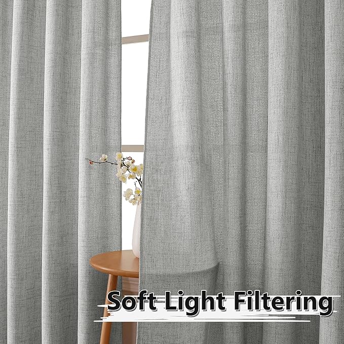 Tollpiz Short Linen Curtains Living Room Rod Pocket Semi Sheer Curtain Burlap Light Filtering Thick Linen Drapes for Bedroom, 54 x 54 inches Long, Silver Grey, Set of 2 Panels