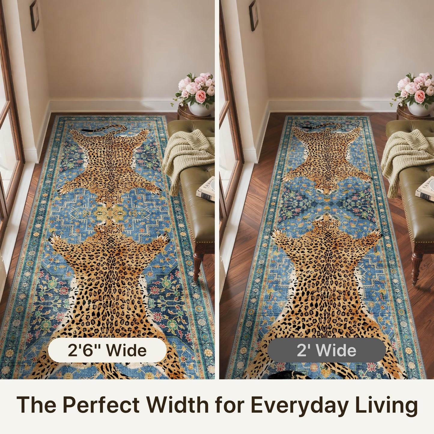 Bavni 2x6 Leopard Rug, Soft Cheetah Rug Animal Print Kitchen Rug Washable Runner Rug Non Slip, Low Pile Runners for Hallway Print Woodland Jungle Carpet for Entryway Playroom Bedroom, Blue