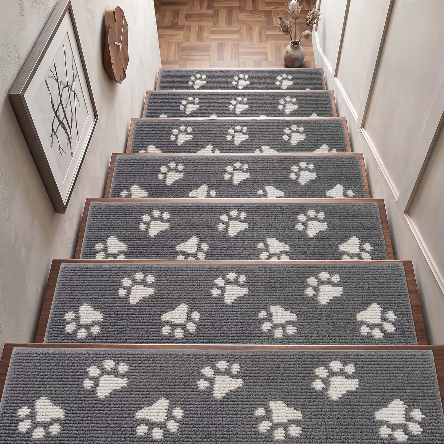 DEXDE Stair Treads for Wooden Steps Non-Slip 15pcs, 30"x8" Washable Stair Runners with Cat Paw Pattern, Non-Skid Safety Carpet Mats for Dogs and Kids, Reusable Indoor Stair Rugs for Home, Grey