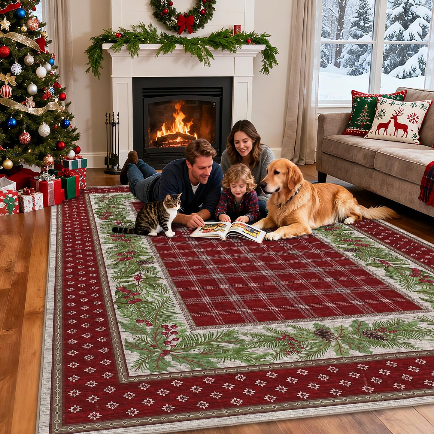 GarveeHome 5x7 Christmas Area Rug for Living Room: Machine Washable Christmas Area Rugs for Bedroom with Non-Slip Backing, Living Room Washable Carpet, Soft Low Pile Non-Slip Bedroom Carpet 5*7 ft Red