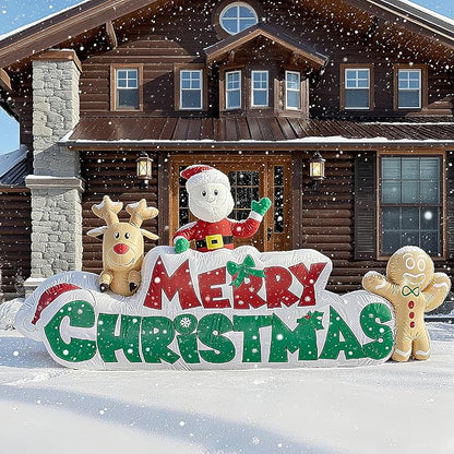 9.5 FT Christmas Inflatable Merry Christmas Sign with Santa, Reindeer & Gingerbread Man, LED Lit in- & Outdoor Decoration for Yard Garden Lawn Winter Decor
