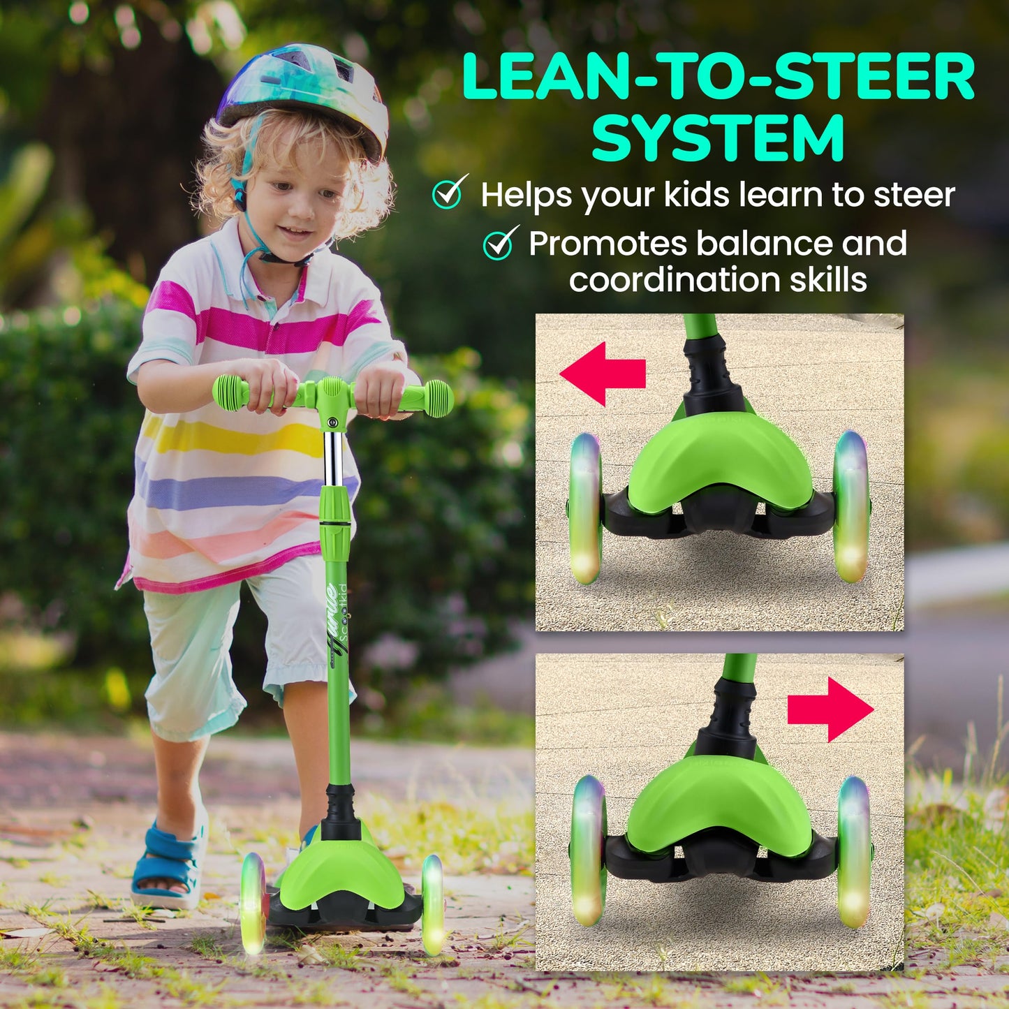 Hurtle Toddler Scooter, Adjustable Micro Scooter for Ages 2-5, Lightweight Kids 3 Wheel Design with LED Light-Up Wheels, Anti-Slip Deck & Lean-to-Steer Control, Indoor/Outdoor Use (Green)