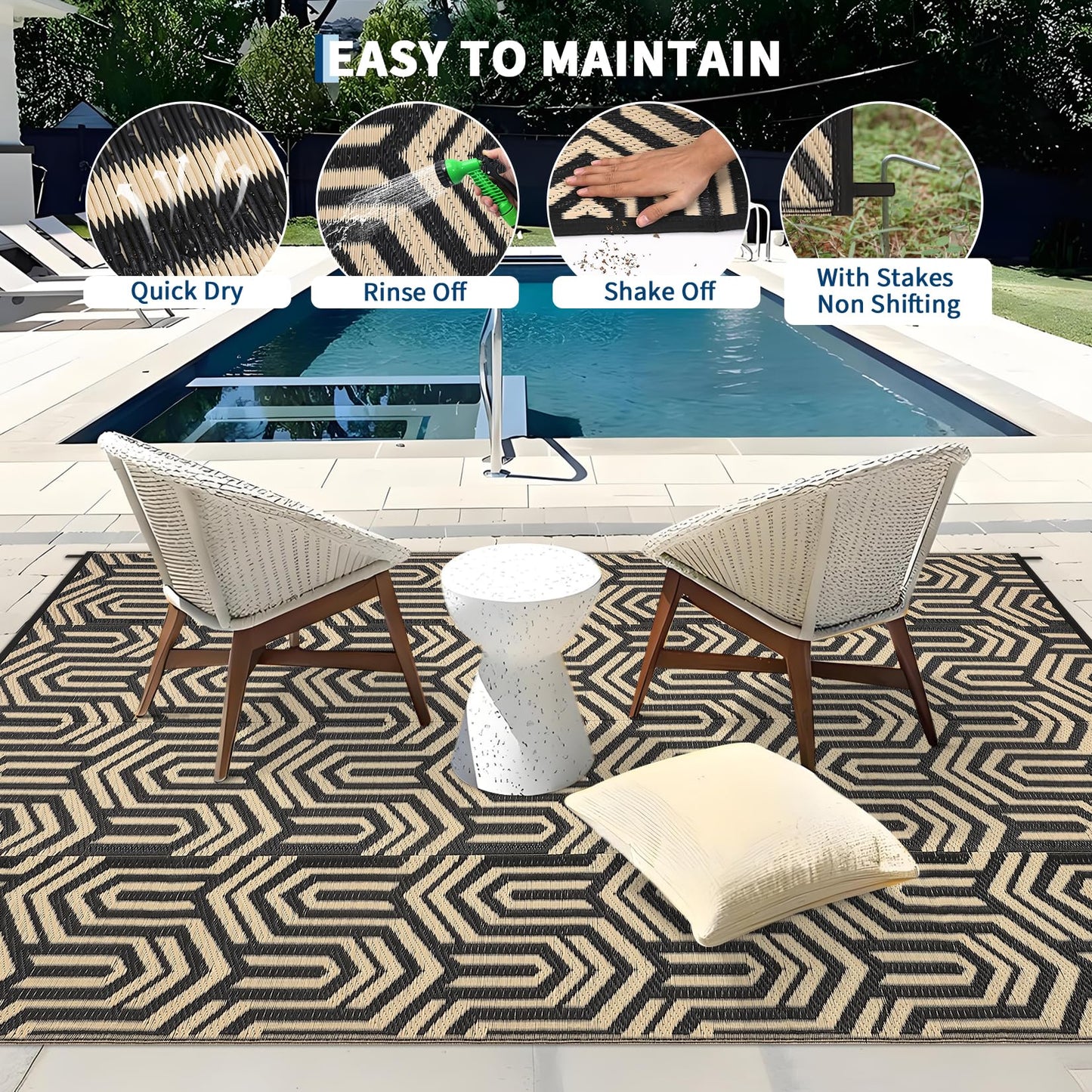 GarveeHome 9'x12' Outdoor Rug Waterproof – Large Patio Mat for Under Dining Table or Sectional Sofa – Low Pile Reversible Plastic Mat, Stain Resistant & Hose Clean, All-Weather UV Coated, Coffee