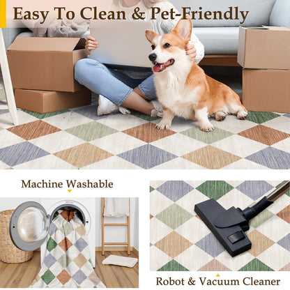 WondRg 8x10 Checkered Washable Area Rug for Living Room Bedroom Colorful Soft Modern Non Slip Large Throw Rug Lightweight Low Pile Neutral Carpet Dining Room Office Classroom Nursery Playroom
