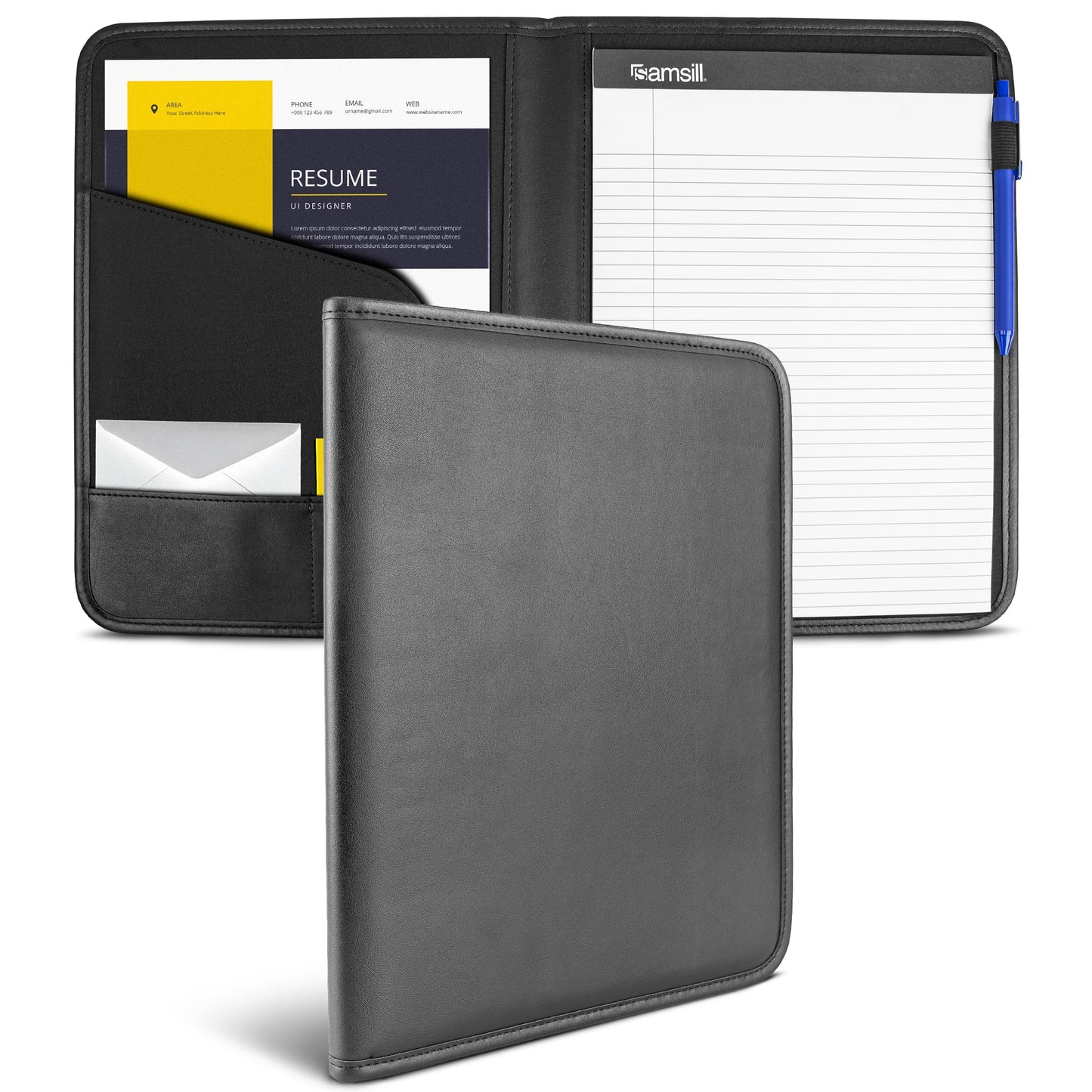 Samsill Professional Padfolio - Faux Leather Portfolio Folder for Men and Women, Leather Padfolio with 8.5 x 11 Writing Pad, Resume Portfolio Folder, Functional Business Portfolio for Meetings and Interviews, Black