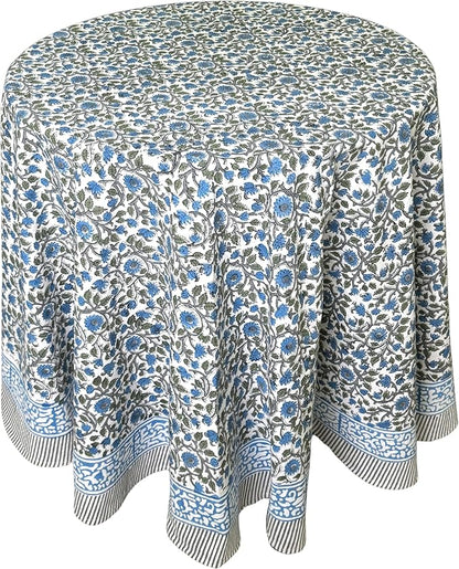 ATOSII Lake Como 100% Cotton Summer Round Tablecloth, Block Print Table Cloth for Dining, Weddings, Outdoors, Parties I Grand Millenial Farmhouse Coastal Boho Home Decor 60" Inches