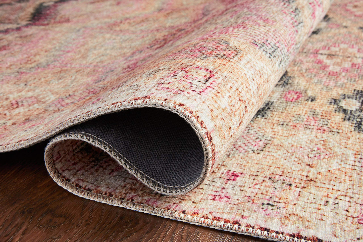 Loloi Layla Collection LAY-17 Pink/Lagoon 7'-6" x 9'-6" .13" Thick Area Rug, Soft, Durable, Vintage Inspired, Distressed, Low Pile, Non-Shedding, Easy Clean, Printed, Living Room Rug