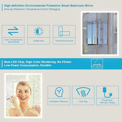 Wall-Mounted LED Square Bathroom Mirror, Makeup Mirror (36inches x 30inches,) 3 Color Stepless Dimmable Memory Bathroom Vanity Mirror with Lights CRI90+ 3000-6400K Smart Mirror with Touch