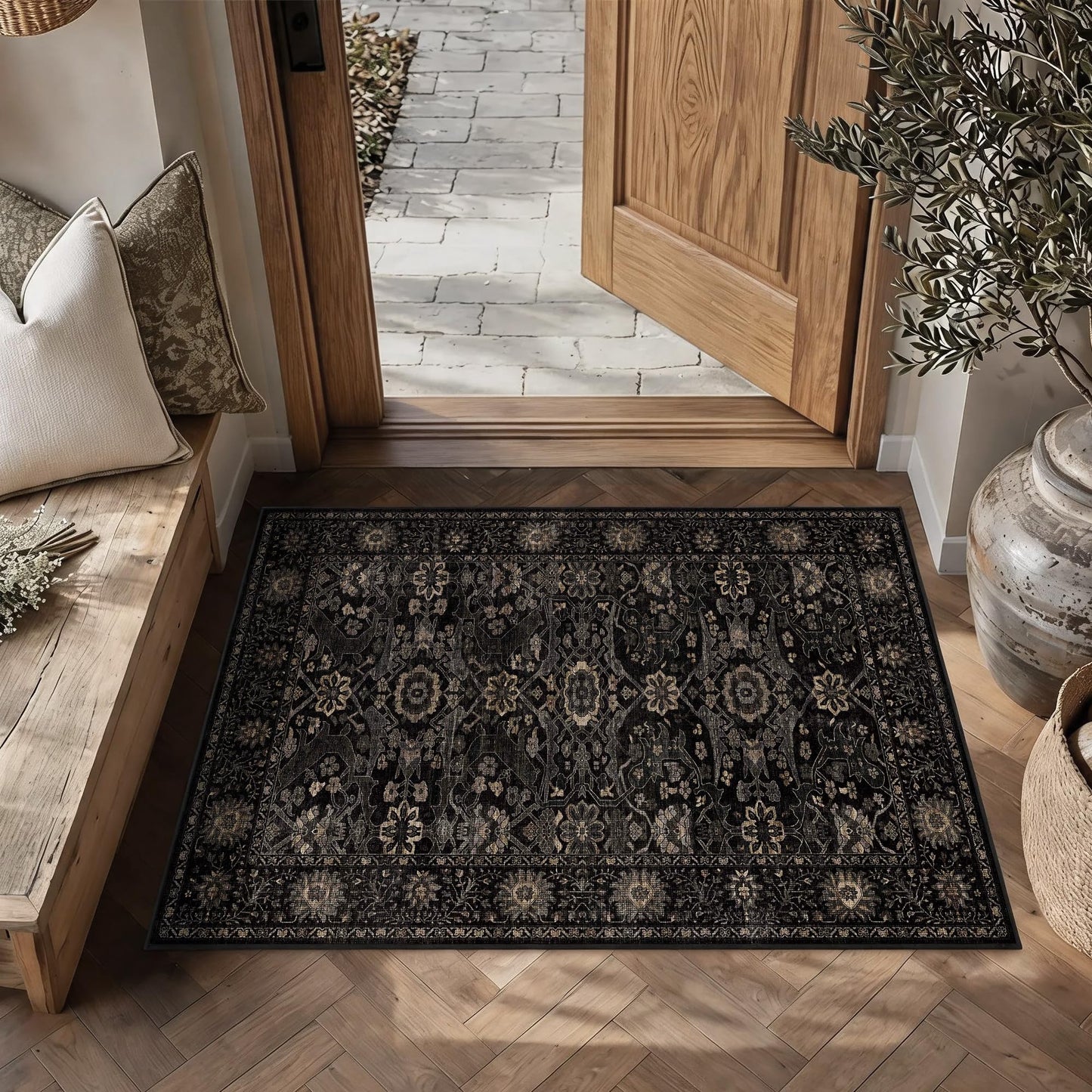 2x3 Entryway Rug Black Gold Washable Rugs for Entryway Kitchen Low Pile Non-Slip Door Mat Traditional Distressed Small Carpet for Kitchen Entrance Bathroom