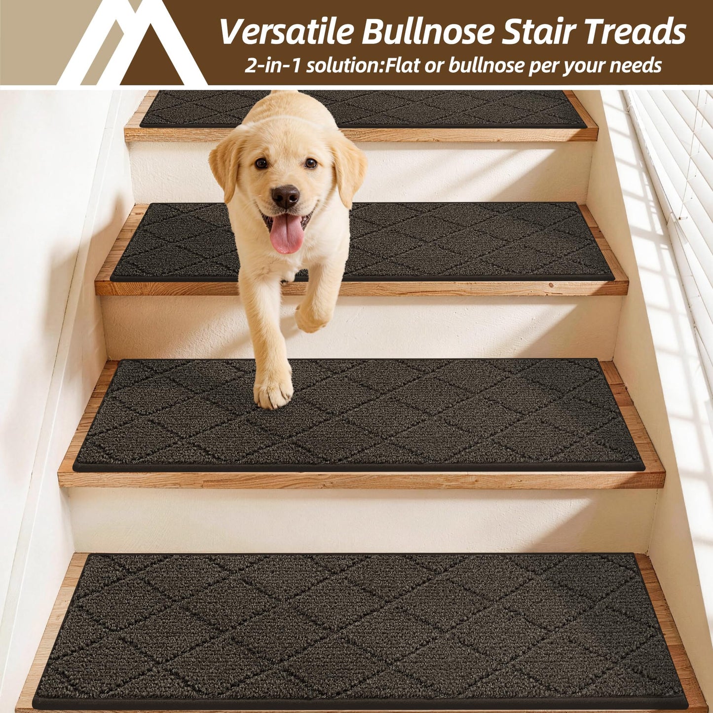 COSY HOMEER Bullnose Carpet Stair Treads, 3 Pack Peel and Stick Non-Slip Stair Treads for Wooden Steps Indoor, 11" x 30" Washable Pet Friendly Stair Runner with Edge Protection for Kids Elders, Brown