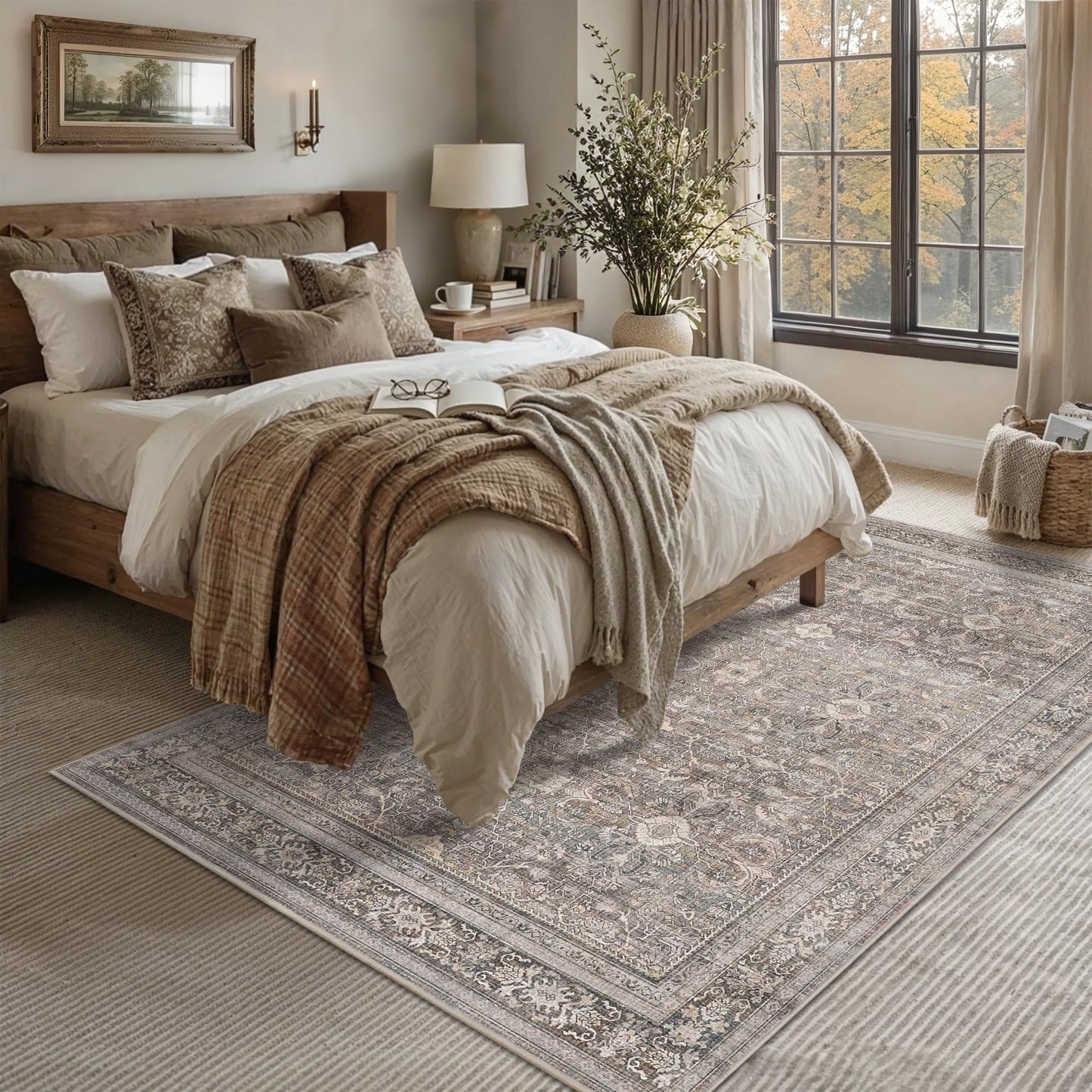 Schweek 6x9 Area Rug Washable Neutral Vintage Distressed Living Room Rugs Large Non Slip Low Pile Soft Floral Carpet Stain Resistant Throw Rug for Bedroom Dining Room Kitchen Office Nursery Taupe