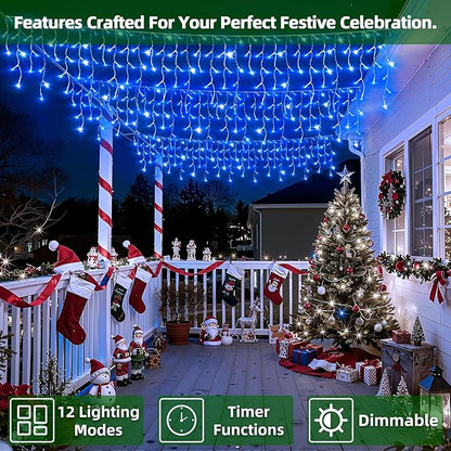 670 LED Christmas Lights with 148 Drops, 66ft 12 Modes Hanging ice String Lights with Timer & Dimmable & Waterproof, Plug-in Fairy Lights for Indoor Tree Holiday Wedding Party Christmas Decor Blue