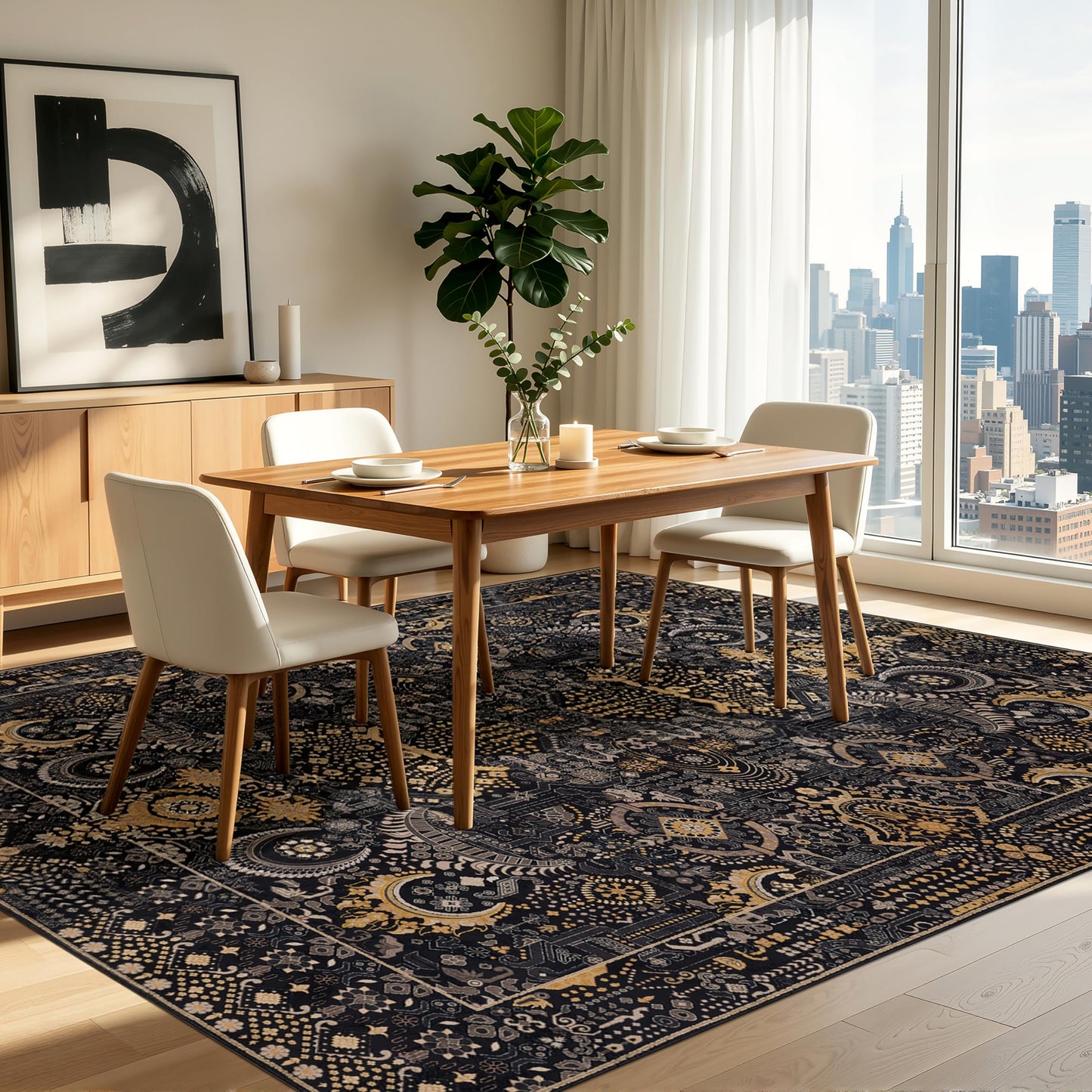 Ruaruarug Area Rug 8'×10', Non Slip Machine Washable Ultra Soft Stain & Fade Resistant, Pet & Kids Friendly, for Living Room/Bedroom/Kitchen/Classroom, Black Gold